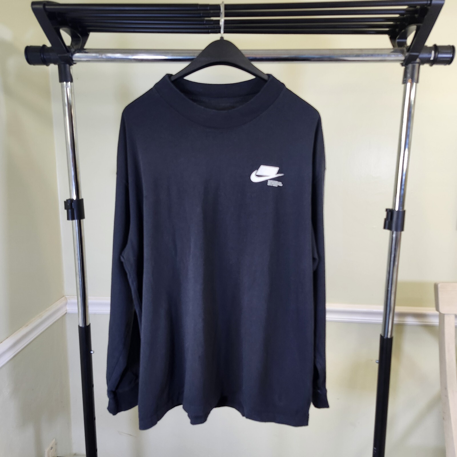 NIKE Black Loose Fit Long Sleeve Shirt Block Logo Thick Collar Mens Size Large