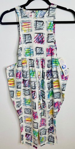 NOS VTG 80'S-90'S GOLDEN RAINBOW WHITE GRAPHIC ABSTRACT PRINT ROMPER JUMPSUIT*6 - Picture 1 of 5