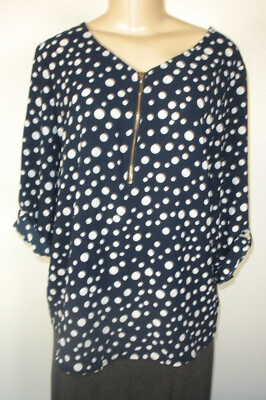 Established 1962 L Blue White Polka Dot Roll Tab Sleeve Zipper Blouse Shirt Top