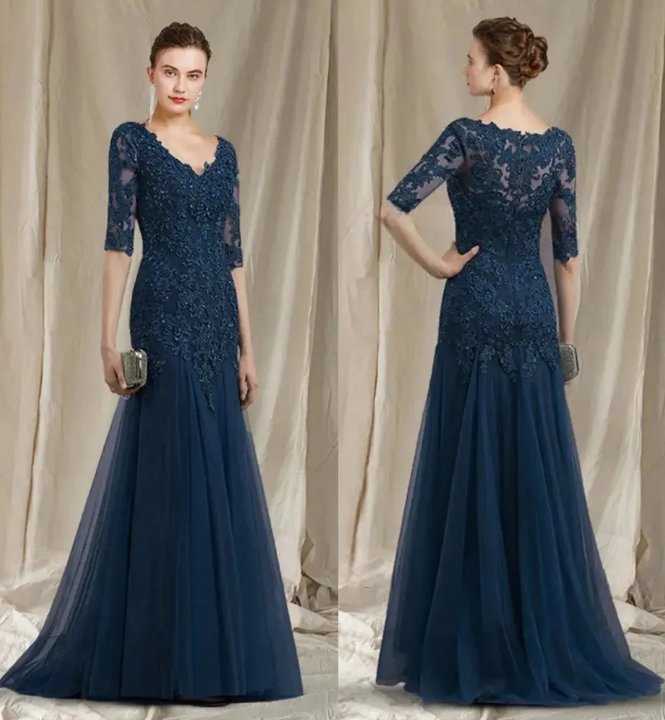 Mermaid V-Neck Beaded Lace Long Mother of the Bride Dresses Prom Dresses