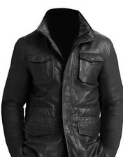 Men's Leather Coat M65 Field Black Real Lambskin Leather pea Coat Jacket