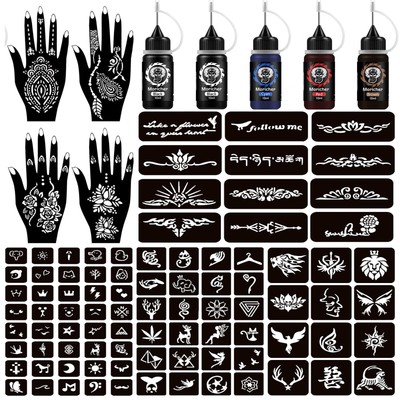 Temporary Tattoo Kits Henna 5 Inks 96 Stencils DIY Art Gifts for Kids
