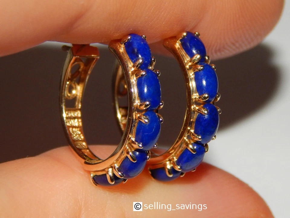 14K YELLOW GOLD 2.50 TCW CABOCHON LAPIS 8/10th INCH LEVERBACK HOOP EARRINGS - Image 2 of 4