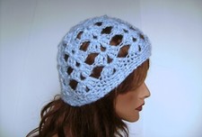 NEW BLUE SEQUIN SPARKLE OPEN WEAVE BEANIE HAT HAND MADE CROCHET BERET SKULL CAP