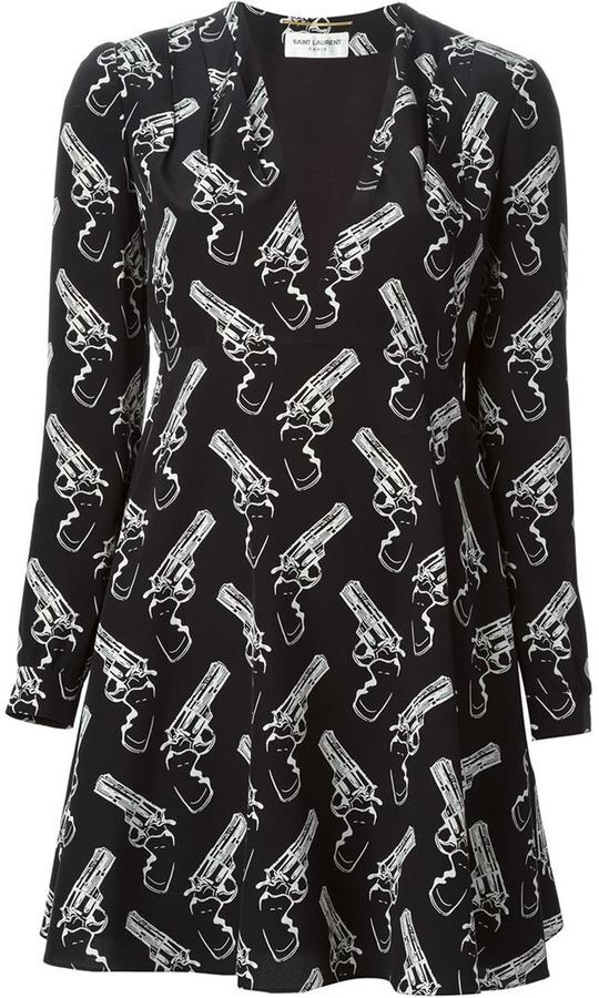 Mini abito SAINT LAURENT nero avorio stampa pistola manica lunga
