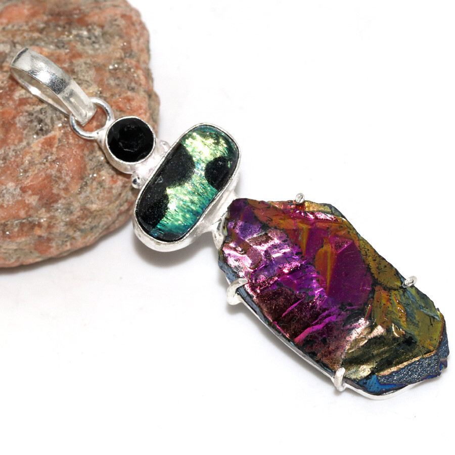 Peacock Titanium Kyanite Dichroic Glass Long Pendant Jewelry Size 2.7