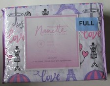 Nanette Paris France Love 4 Pc Full Double Sheet Set Pink Purple Polyester NOS