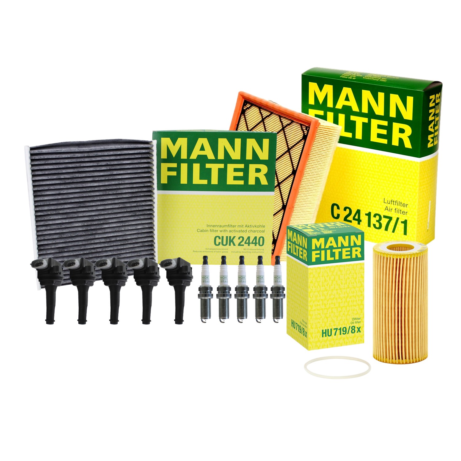 Mann Engine Oil Cabin Air Filter 5 NGK Plugs  Hitachi Coils Kit For C30 C70 S40