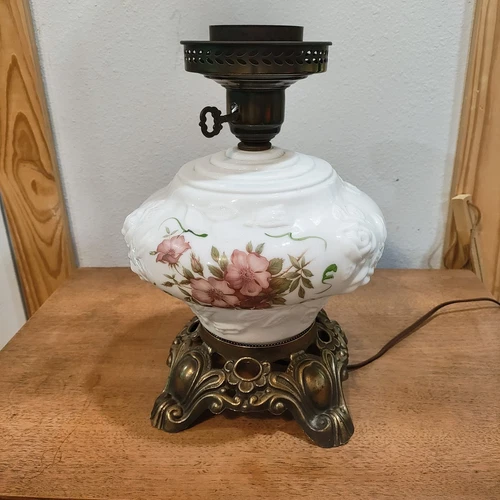 Vintage Hand Painted Pink Floral  Milk Glass Hurricane Lamp. No Top Globe. Works
