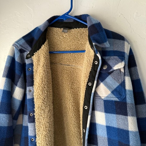 Eddie Bauer Boy's Size Large 12/14 Blue Plaid Sherpa Lined Fleece Button Sweater - Picture 6 of 9