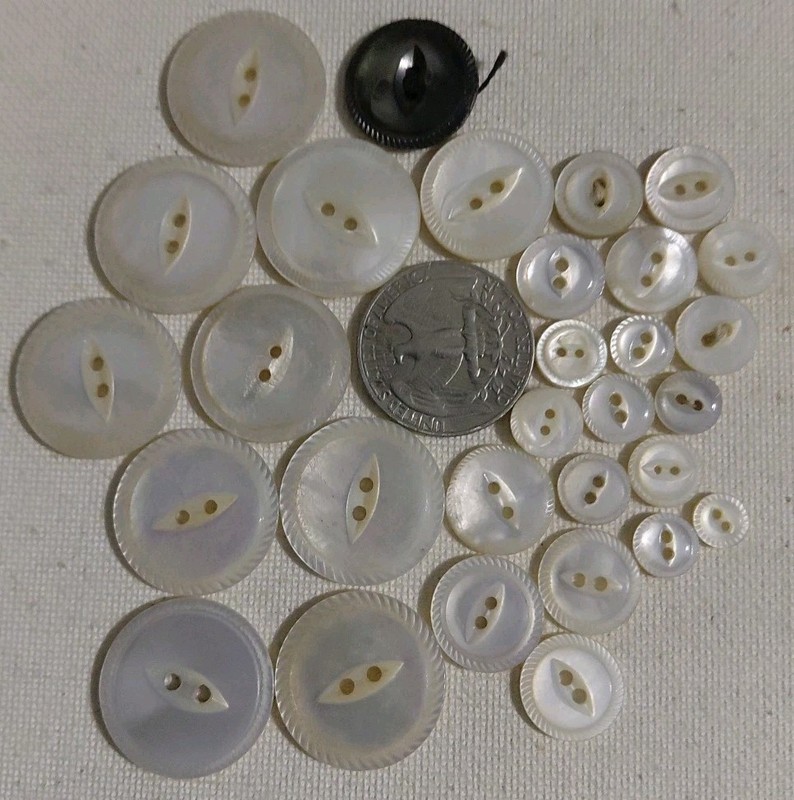 Mixed Lot of 30 Vintage Carved Mother of Pearl Buttons, Spiral Design, Many Size