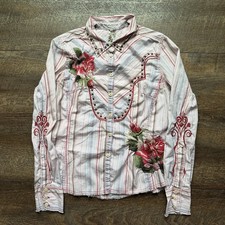 Womens M Pink Johnny Was 3J Workshop Embroidered Rose Striped Button Up Shirt