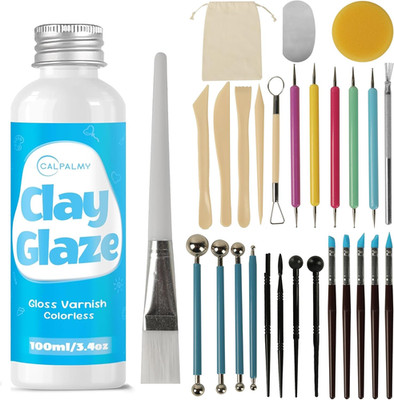 100Ml Gloss Air Dry Clay Glaze with 29Pcs Clay Tools Kit   Clay Varnish Sealant