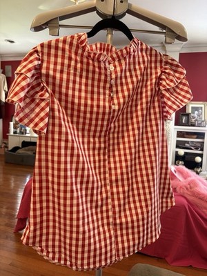 Women s Red & White Gingham V-neck Short Sleeve Shirt. Has Never Been Worn.