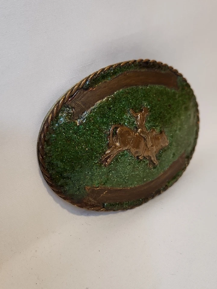 Vtg Nickle Silver Custom Made Emerald And Brass Front Bullriding Belt Buckle - Image 2 of 4