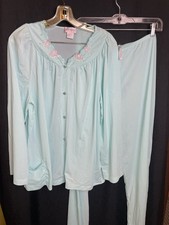 Vintage SHADOWLINE 2 Piece Pajama Set Aqua Pink EMBROIDERED Floral NYLON Size 40