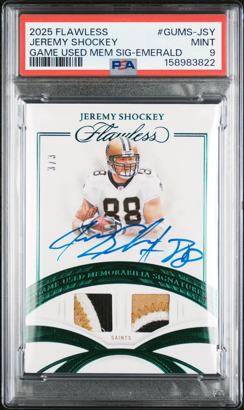 Jeremy Shockey 2025 Panini Flawless Emerald /3 Game-Used Patch Auto PSA9 MINT