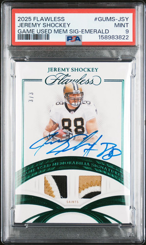 Jeremy Shockey 2025 Panini Flawless Emerald /3 Game-Used Patch Auto PSA9 MINT