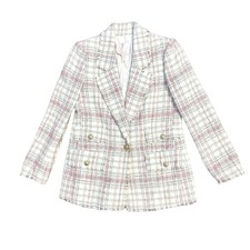 NEW Rebecca Taylor Gabrielle Plaid Tweed Blazer Cream Pink Tan Plaid Raw Edge 4