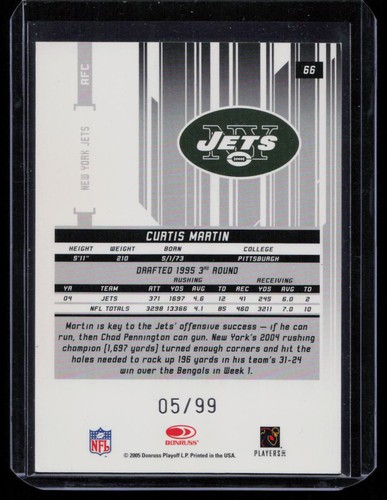 2005 Leaf Rookies & Stars #66 Curtis Martin Longevity True Blue #/99 - Bild 2 von 2