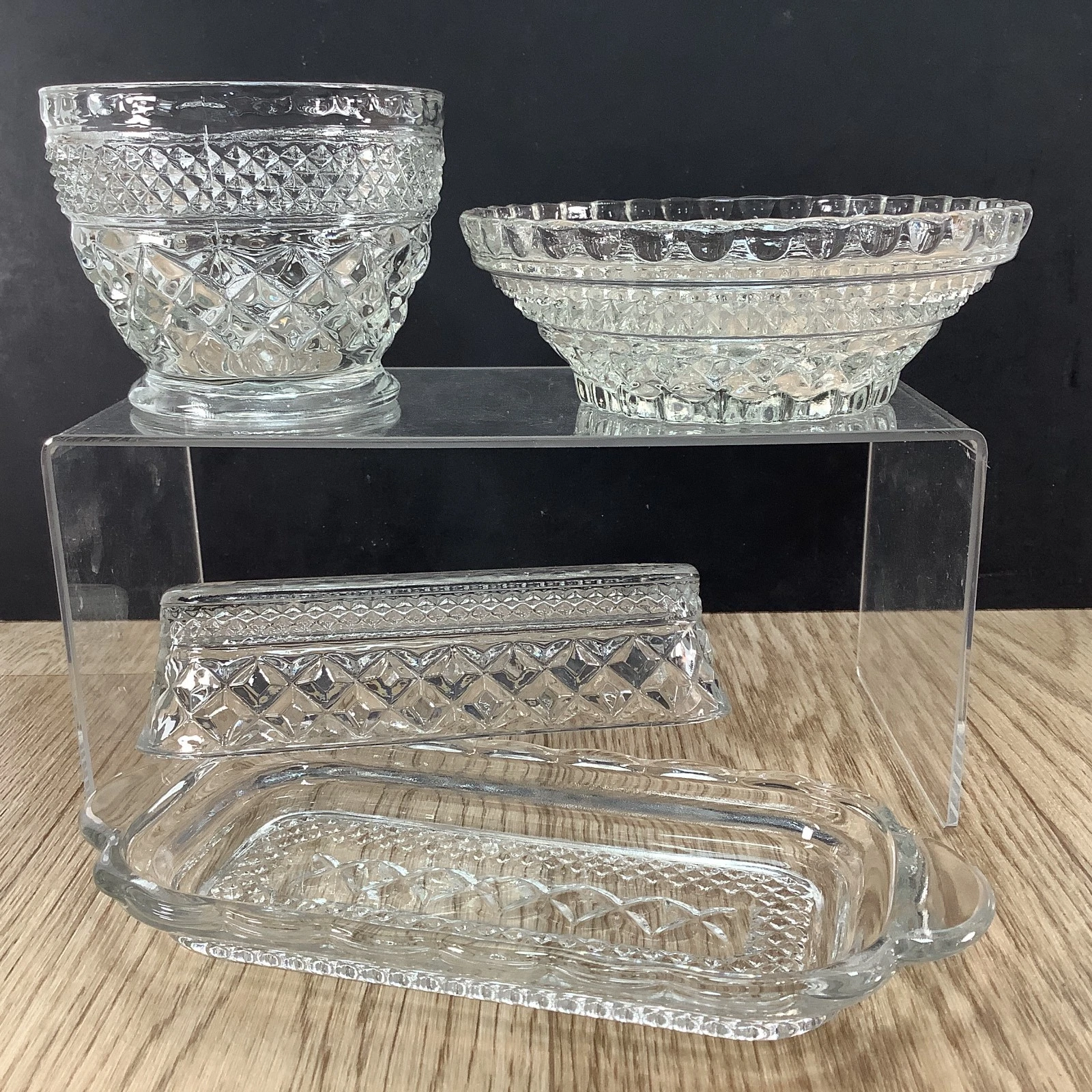 Anchor Hocking Glass WEXFORD 1/4 LB Butter Dish w/Lid + Open Sugar + Sm. 5" Bowl