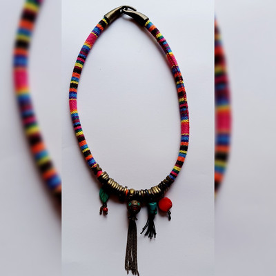 Native Tribal Boho Southwest Peru Woven Necklace Brass Beads Turquoise & Coral