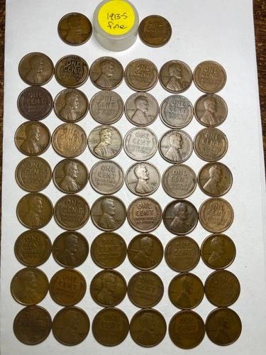 1913-S LINCOLN WHEAT CENT PENNY ROLL, "ALL COINS IN "Fine" CONDITION" 50 coins
