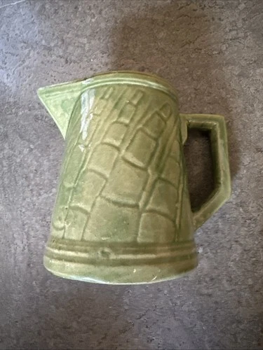 VINTAGE STONEWARE POTTERY GREEN GLAZE YELLOWARE ASPARAGUS PITCHER