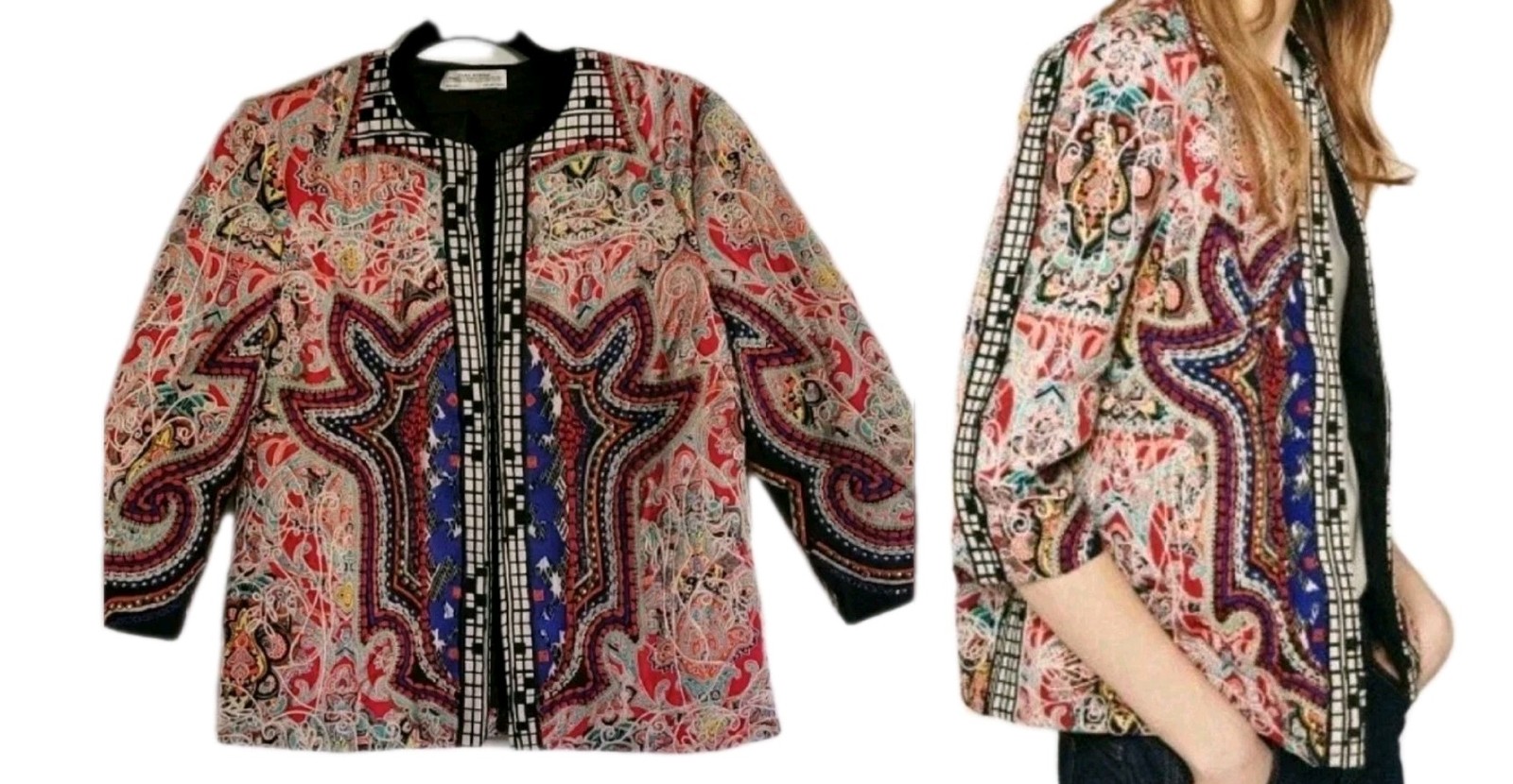 ZARA Beaded Patchwork Jacket Embroidered Indie Ar… - image 2