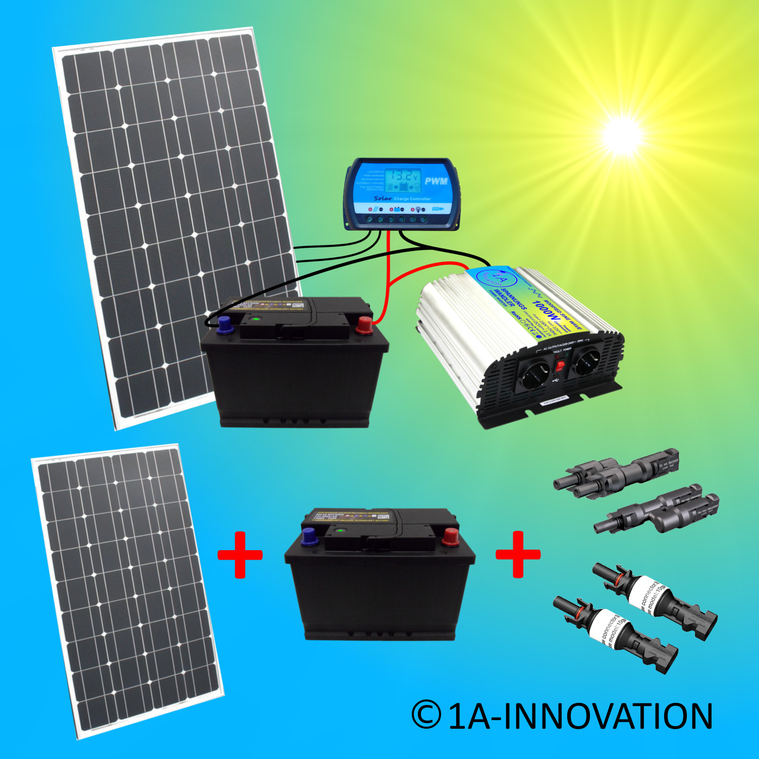 Solaranlage Komplette 220V TÜV 2x 100Ah Akkus 200W Solarmodul 1000W