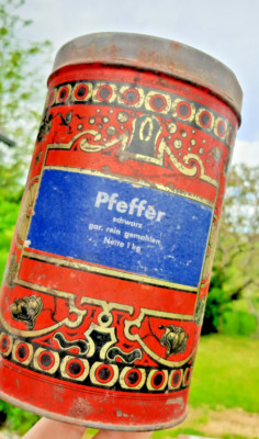 XL GEWÜRZ BLECH DOSE PFEFFER MOTIV BLÜTEN JUGENSTIL TIN CAN RARE VINTAGE 50er