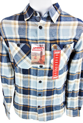 Small Coleman Blue Gold Tan Plaid Cotton Flannel Shirt 