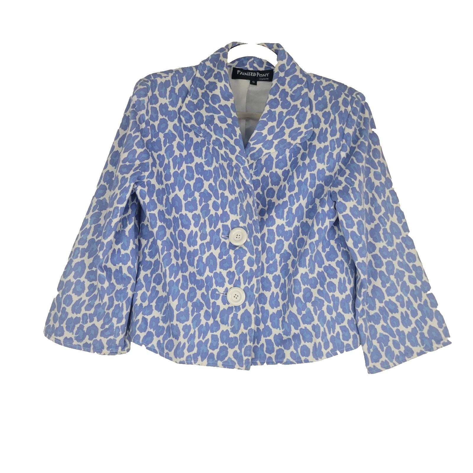 Giacca donna swing pony dipinta taglia small foderata blu bianca stampa leopardata