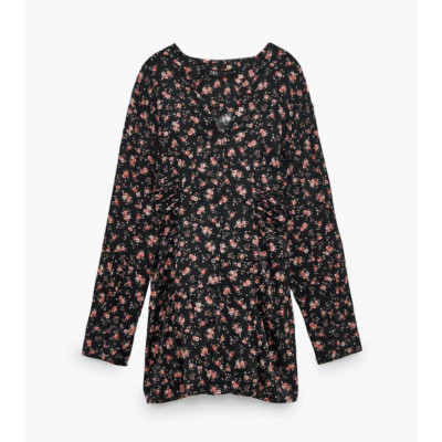 ZARA Black Rose Floral Print Long Sleeve Mini Dress XS NWT