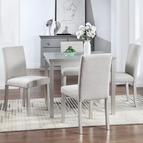 5Pcs Dining Table Set Wooden Square w/ 4 Upholstered Chairs for Kitchen Silver - Picture 5 of 11