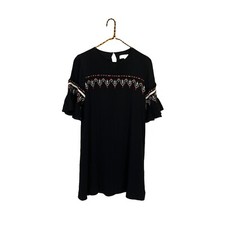 LOFT Black White Copper Geometric Embroidery Bell Sleeve Short Dress Size Xsmall