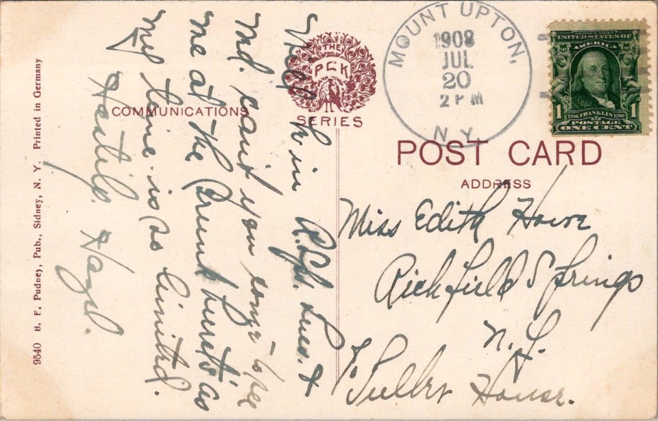 Postcard NY Mount Upton, New York; Main Street 1908; Horse and Buggy Bf