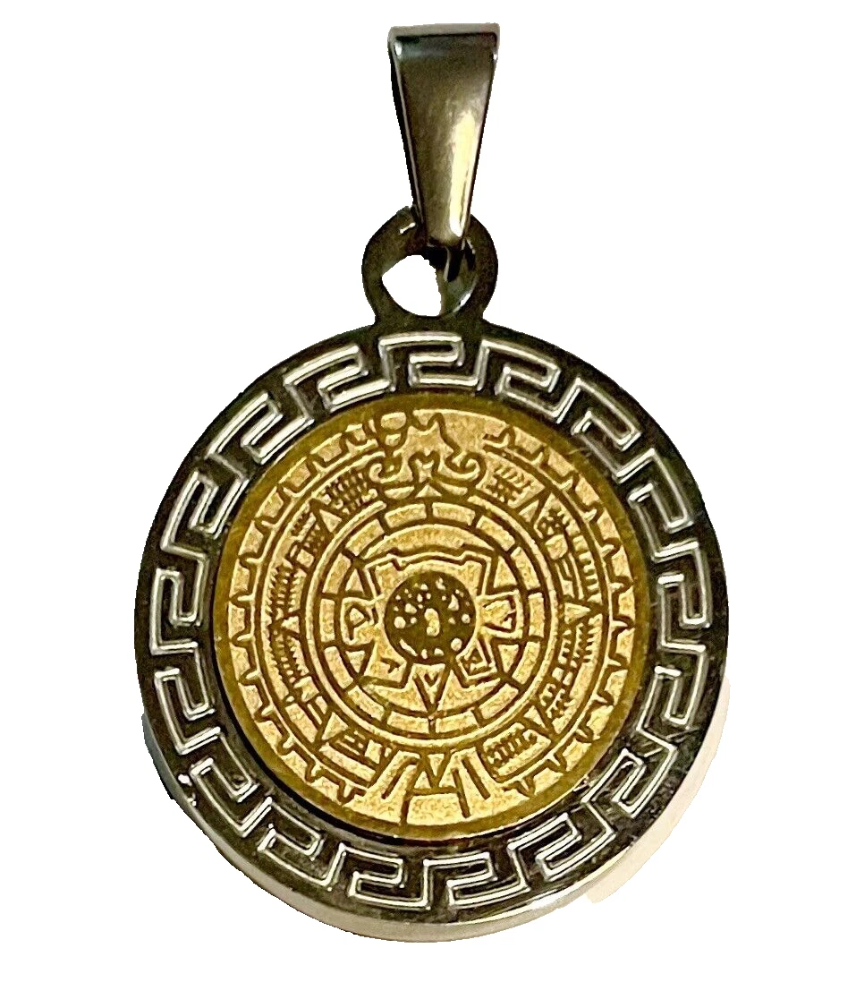 Vintage FINI Dream Jewelry Mexican Mayan Calendar Pendant 2 Tone Gold Silver