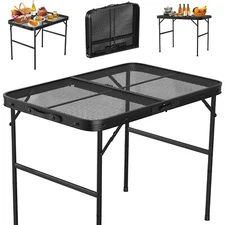 Foldable Camping Table w/ Hanging Storage Net Picnic Aluminum Grill Stand Table