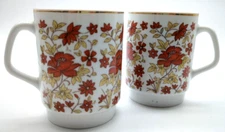 Vintage Pair Of  MCM Coffee Mugs Cups Retro Brown And Gold Floral Pattern