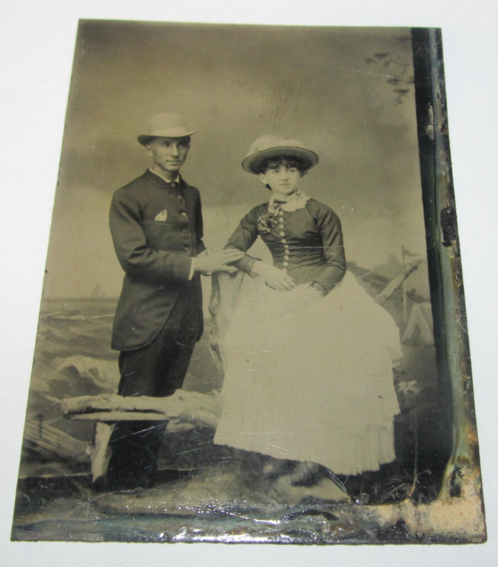 Antique Tintype Photograph Handsome Distinguished Father Daughter Wife Farmer