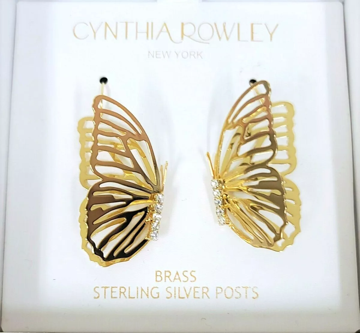 NEW CYNTHIA ROWLEY PALE GOLD BRASS STERLING SILVER POSTS BUTTERFLY EARRINGS