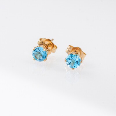 14 Karat Echt Gold Blautopas Ohrringe runde Ohrstecker 4 mm breite Steine