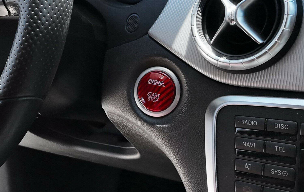 2-Pack Carbon Fiber Start/Stop Button Covers For Mercedes Benz - Red & Black Accent