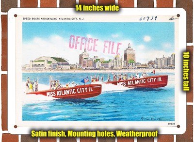 METAL SIGN - New Jersey Postcard - Speed Boats and Skyline, Atlantic City, N. J