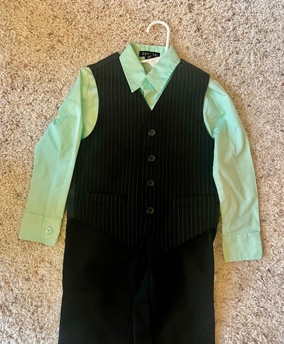Boy’s 3 piece suit size 4 by George. Green shirt, black pants, striped vest - Picture 2 of 12