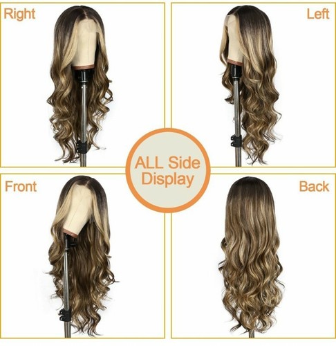 HD Lace Front Wig Human Hair Blend Highlights Wavy Curly Honey BROWN Blonde - Picture 4 of 5