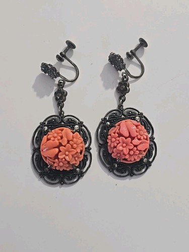 Antique Carved Coral Filigree Sterling Silver Dangle Screw back Earrings Estate