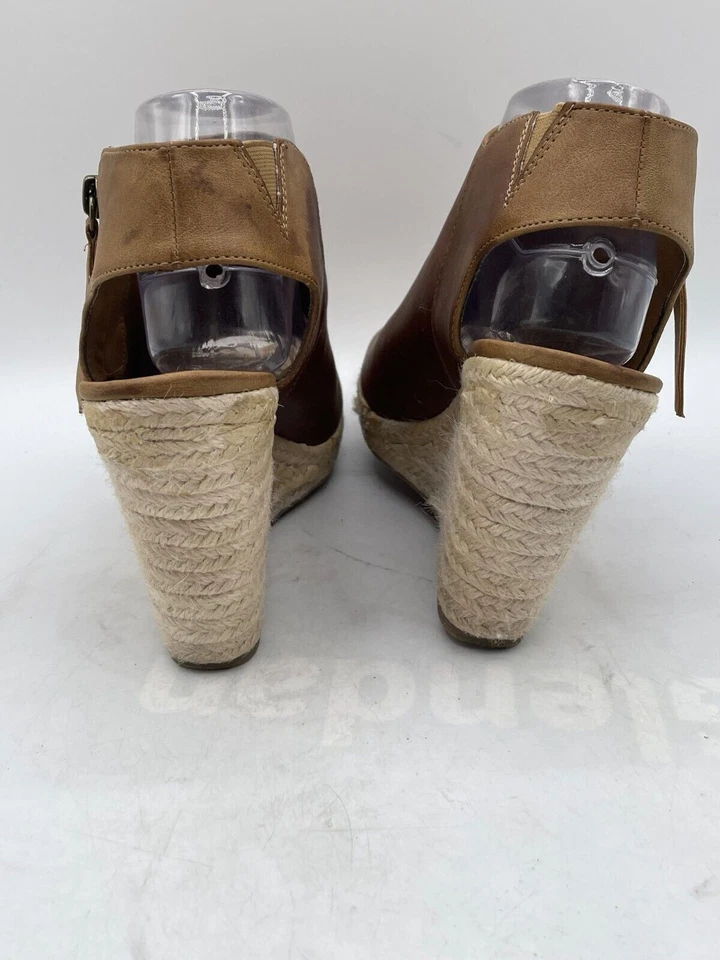 Ruff Hewn Wedge Heel Sandal Women's Sz 9 Brown Leather Side Zip Peep Toe - Image 3 of 4