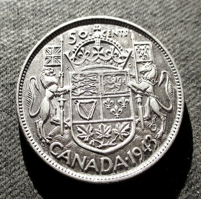 OLD SILVER 50 CENTS 1943 COIN OF CANADA KING GEORGE VI ~ WORLD WAR